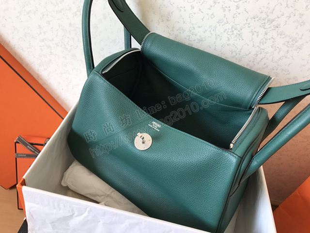 Hermes女包 愛馬仕手提包 Lindy包 Z6孔雀綠 銀扣 原版togo皮 Hermes單肩包  td1226